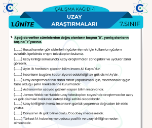 7.Sınıf Fen Bilimleri 1.Ünite Uzay Araştırmaları Çalışma Kağıdı (PDF)