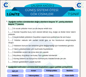 7.Sınıf Fen Bilimleri 1.Ünite Güneş Sistemi Ötesi:Gök Cisimler Çalışma Kağıdı (PDF)