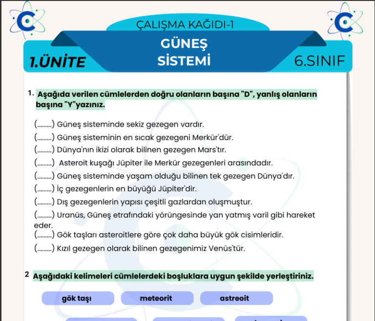 6.sınıf fen bilimleri güneş sistemi