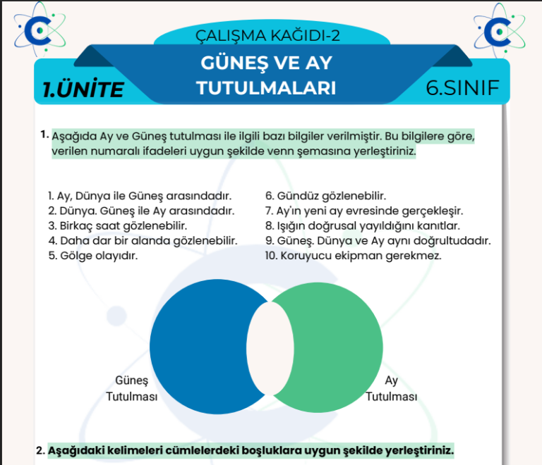 6.sınıf güneş ve ay tutulmaları çalışma kağıdı