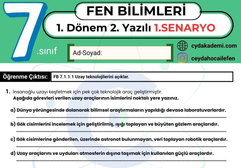7.Sınıf Fen Bilimleri 1. Dönem 2. Yazılıya Hazırlık: Çıkması Muhtemel Tüm Senaryo Soruları (PDF)