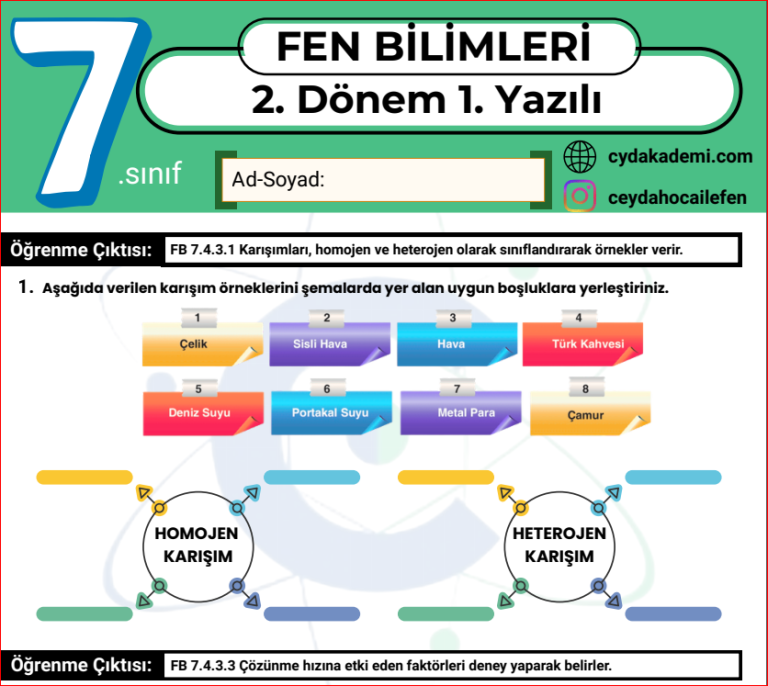 7. Sınıf Fen Bilimleri 2. Dönem 1. Yazılı Hazırlık PDF (Ücretsiz & Güncel)
