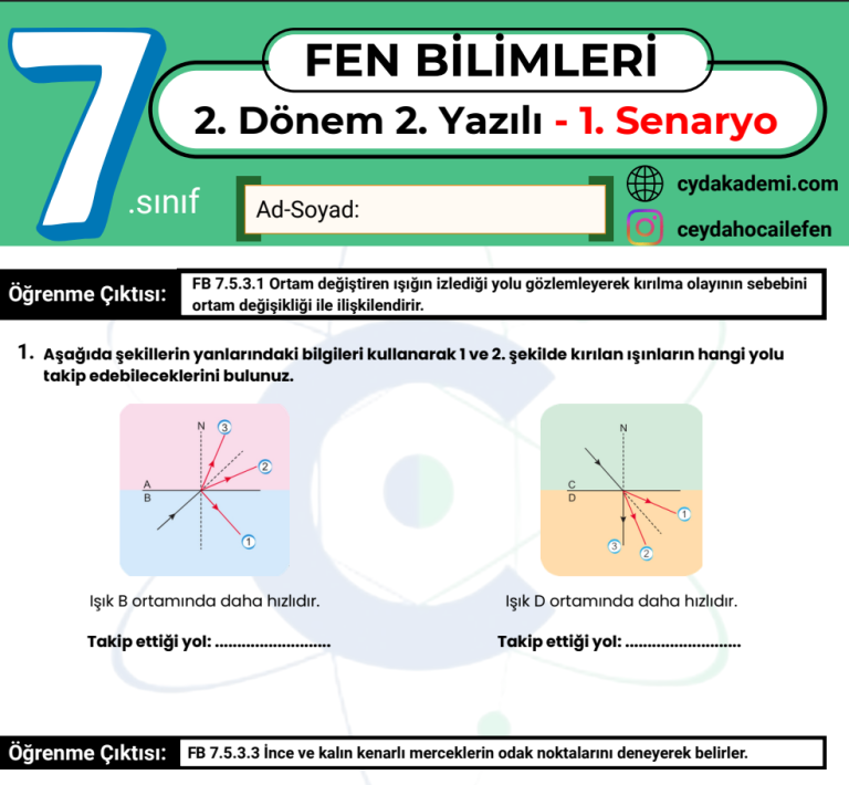 7.Sınıf Fen Bilimleri 2.Dönem 2.Yazılı Ücretsiz PDF